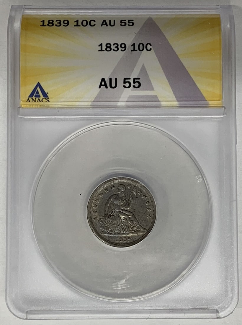 ANACS AU 55 Seated Liberty Dime 1839 Toned US 10C Coin (1 of 2)