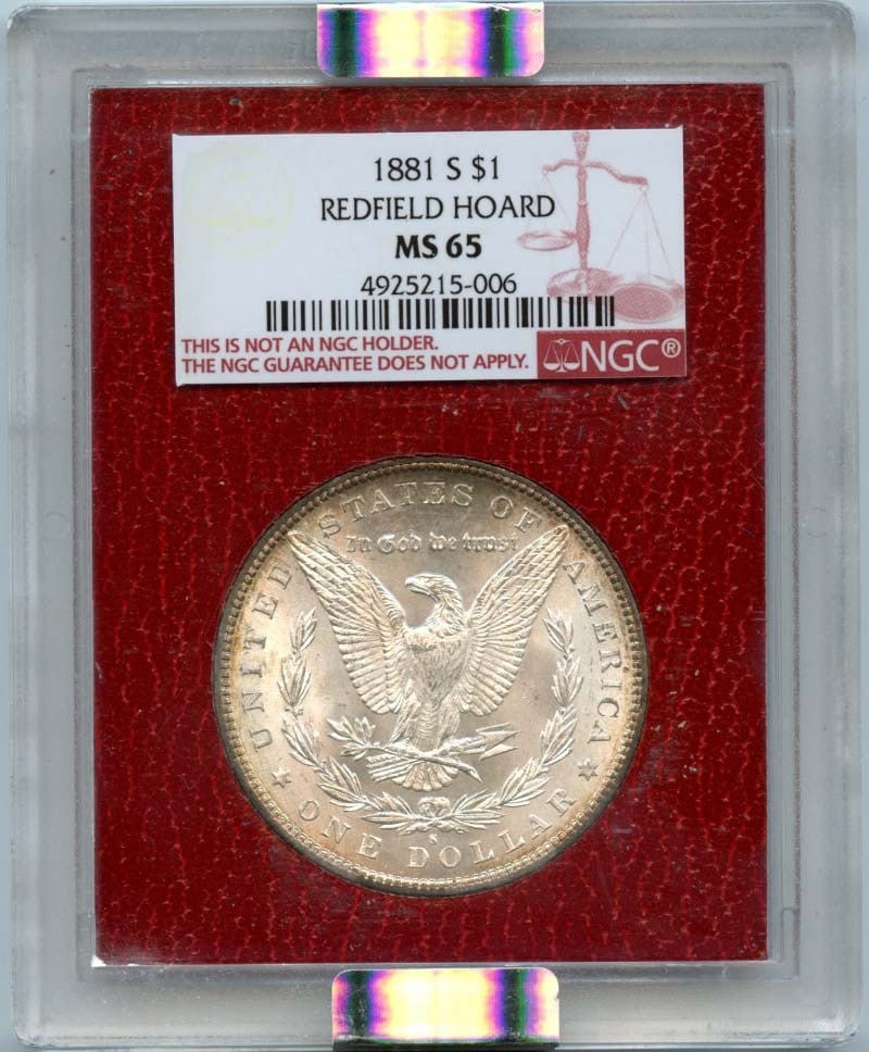 1881-S Morgan Dollar NGC MS65 Redfield Hoard Uncirculated: 1881-S Morgan Dollar NGC MS65 Redfield Hoard Uncirculated This 1881-S Morgan Dollar is a stunning example of American coinage, graded MS65 by NGC, ensuring its high quality and preservation. Struck at