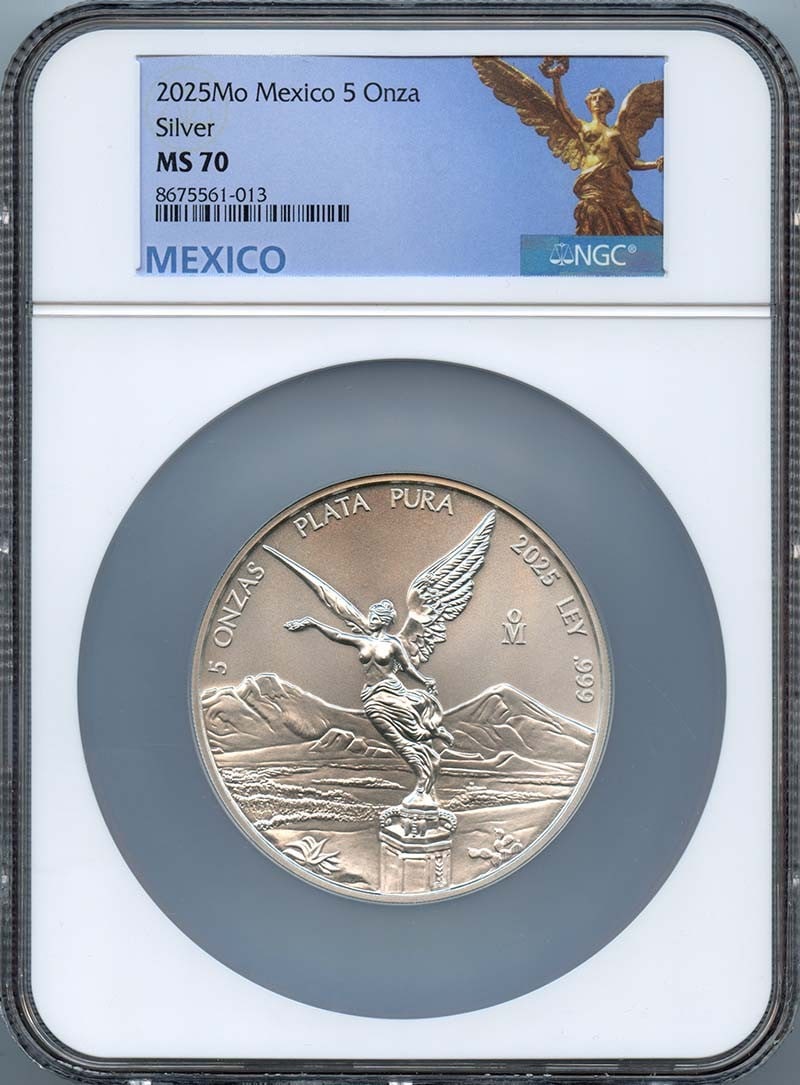 2025 NGC MS70 Five Onza Silver Libertad Mexico Coin Low Mintage 200 Pieces: 2025 NGC MS70 Five Onza Silver Libertad Mexico Coin Low Mintage 200 Pieces This 2025 Mo Mexico 5 Onza Libertad silver coin is certified by NGC with a grade of MS70, indicating it is in flawless, uncir