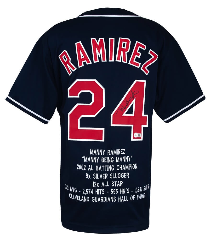 Manny Ramirez Signed Navy Custom Embroidered Baseball Jersey with Beckett COA: Manny Ramirez Signed Navy Custom Embroidered Baseball Jersey with Beckett COA Celebrate the legacy of baseball legend Manny Ramirez with this signed navy custom embroidered stat baseball jersey. This