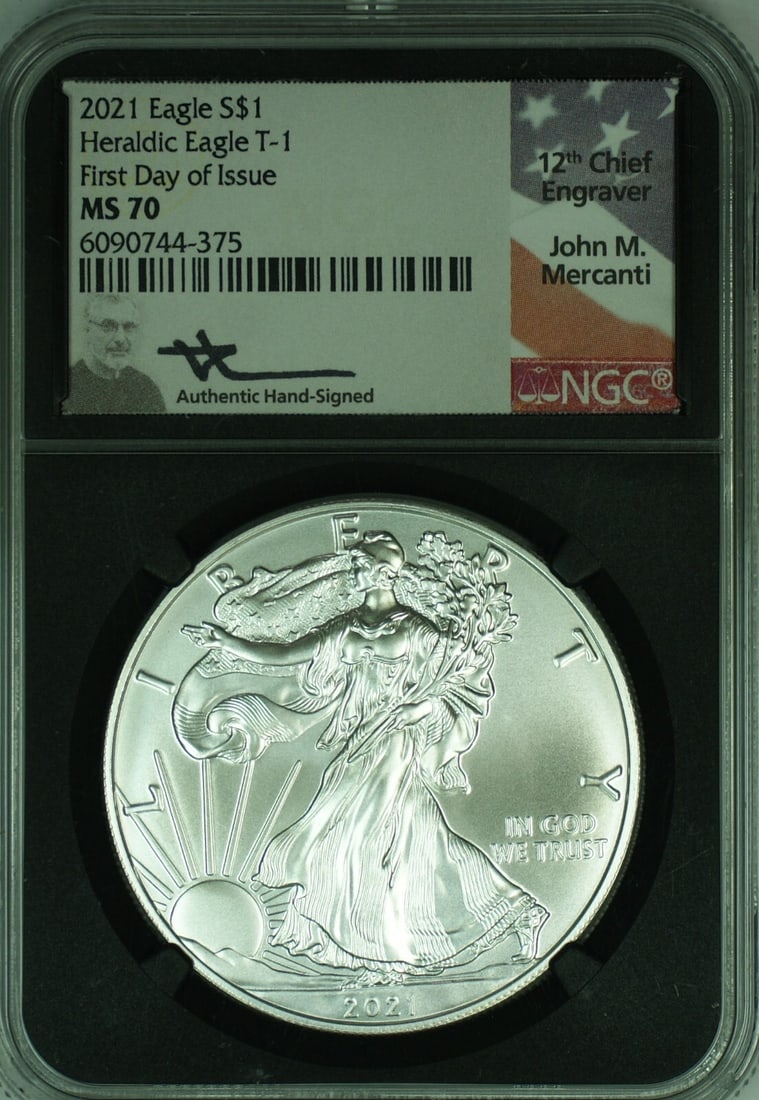 2021 Silver Eagle Dollar NGC MS 70 Signed by J.M. Mercanti: 2021 Silver Eagle Dollar NGC MS 70 Signed by J.M. Mercanti This 2021 American Silver Eagle $1 coin is certified by NGC with a grade of MS 70 and features the signature of J.M. Mercanti. Struck from 0.