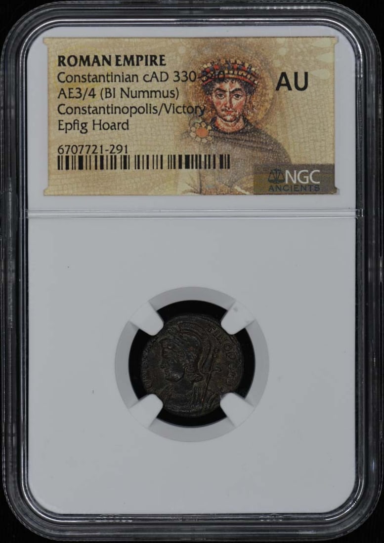 Roman Empire AE3 4 BI Nummus cAD 330-340 NGC AU50 Certified: Roman Empire AE3 4 BI Nummus cAD 330-340 NGC AU50 Certified This is a Constantinian Roman Empire AE3/4 (BI Nummus) coin dating from approximately AD 330-340. The coin has been certified by NGC with a