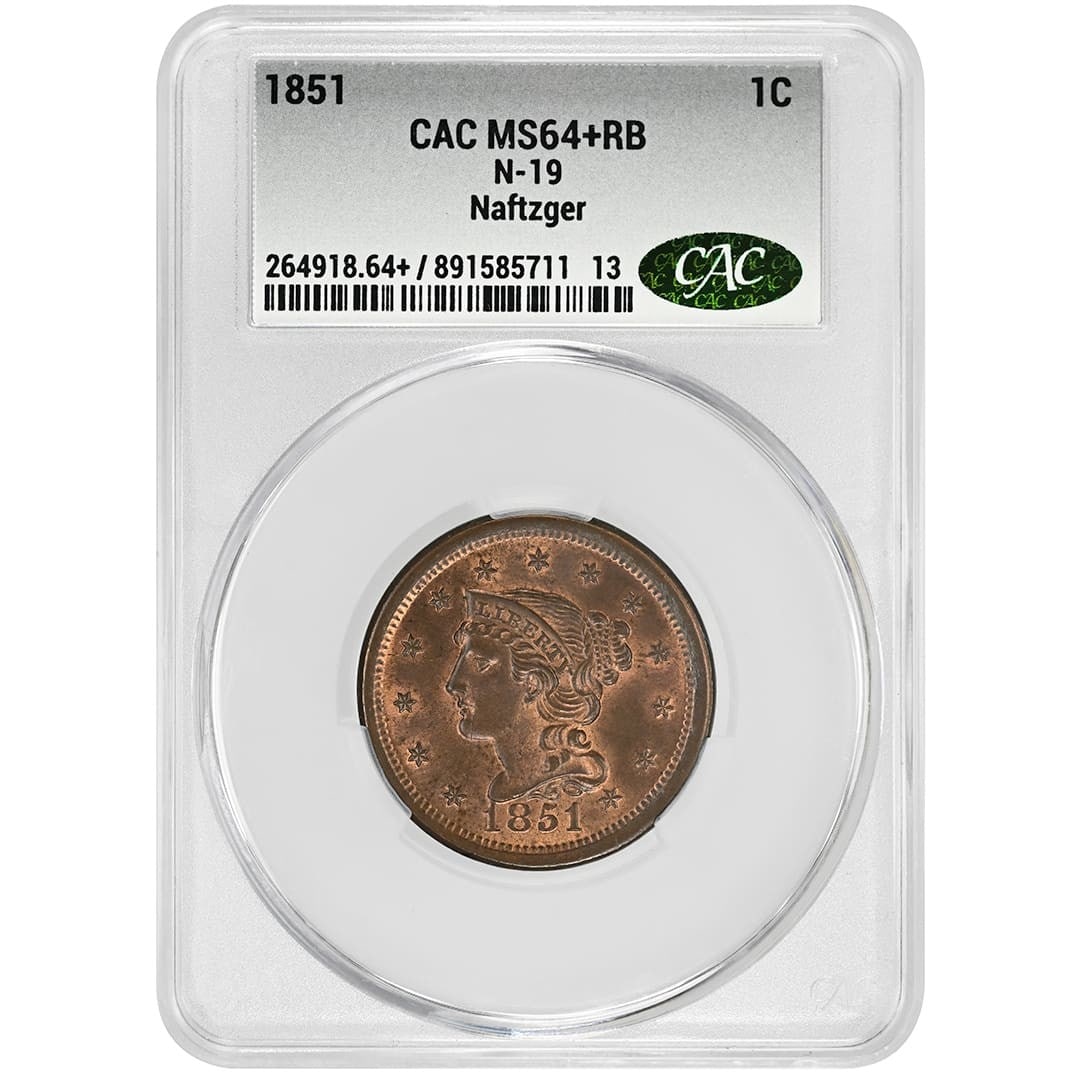 1851 Braided Hair One Cent CACG MS64+RB Certified Copper Coin: 1851 Braided Hair One Cent CACG MS64+RB Certified Copper Coin This 1851 1C Braided Hair Cent is a rare coin certified by CACG with a grade of MS64+RB. Struck in Philadelphia and composed of copper, it