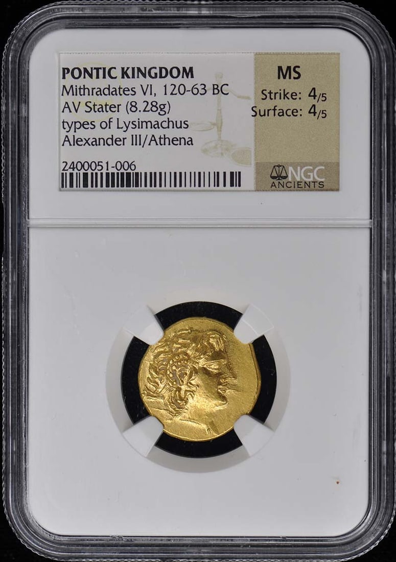 Mithradates VI AV Stater Ancient Greek Coin NGC MS60: Mithradates VI AV Stater Ancient Greek Coin NGC MS60 This is an ancient Greek AV Stater from the Pontic Kingdom, minted during the reign of Mithradates VI (120-63 BC). The coin is certified by NGC wit