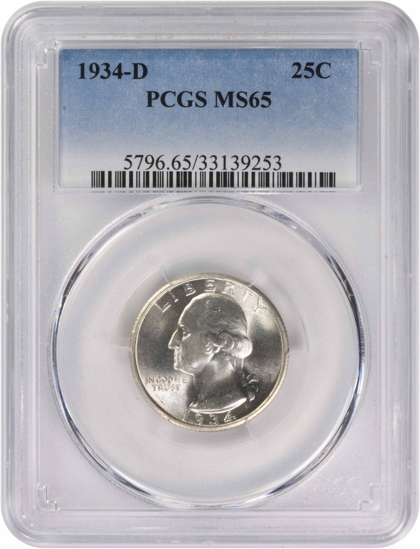 MS65 PCGS Certified 1934-D Silver 25C Washington Quarter: MS65 PCGS Certified 1934-D Silver 25C Washington Quarter This 1934-D Washington Quarter is composed of silver and was minted in Denver. Graded MS65 by PCGS, this uncirculated coin features the Washing