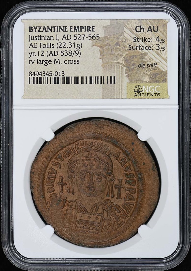 Byzantine AE Follis of Justinian I 22.31g NGC Certified Ch AU: Byzantine AE Follis of Justinian I 22.31g NGC Certified Ch AU Byzantine Empire AE Follis coin from the reign of Justinian I (AD 527-565), certified by NGC with a Choice About Uncirculated (Ch AU) grad