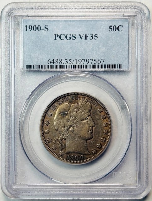 San Francisco Mint 1900 Silver Barber Half Dollar PCGS Graded VF 35: San Francisco Mint 1900 Silver Barber Half Dollar PCGS Graded VF 35 This 1900 S Barber Half Dollar is a circulated coin graded VF-35 by PCGS. Minted in San Francisco, it is composed of silver and orig