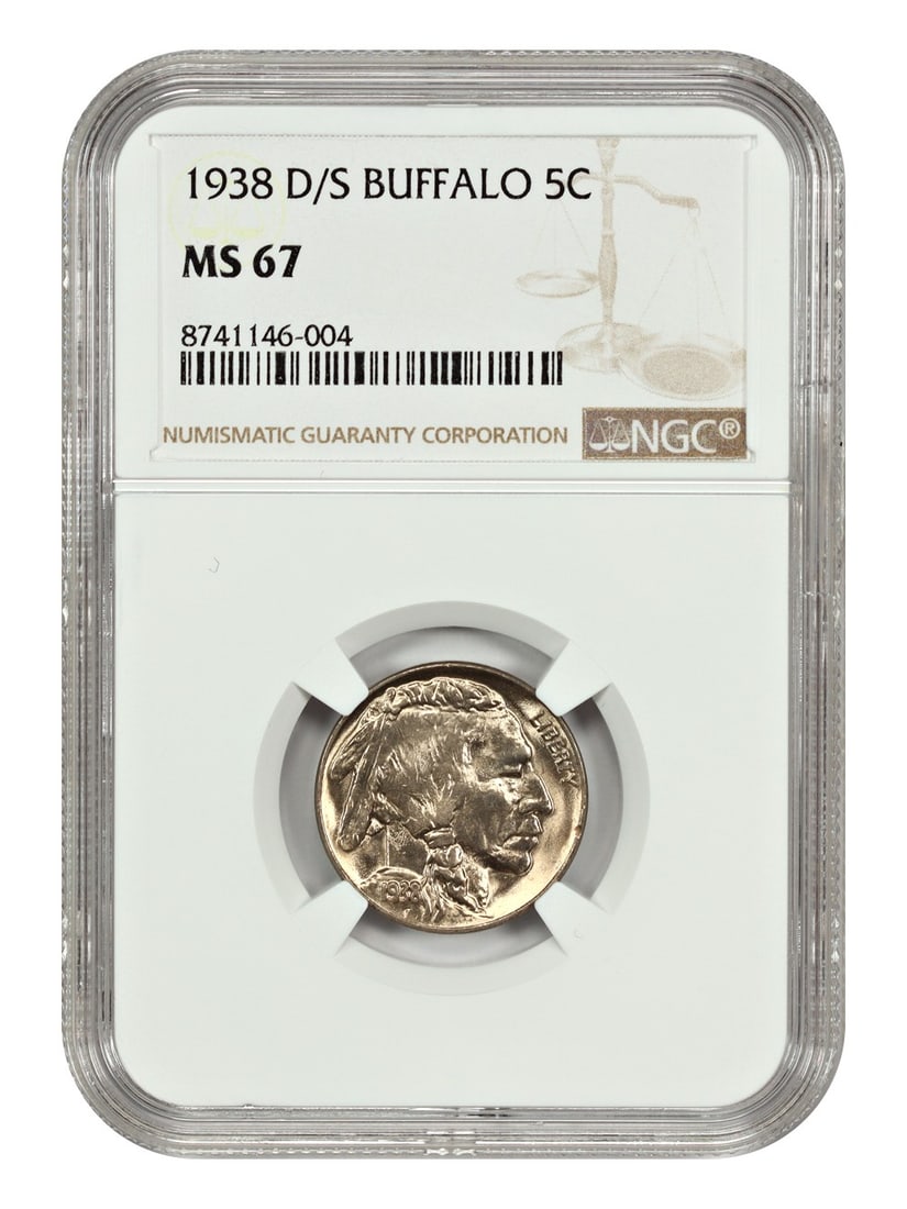 1938-D/S Buffalo Nickel NGC MS67 Uncirculated Popular Variety: 1938-D/S Buffalo Nickel NGC MS67 Uncirculated Popular Variety This 1938-D/S Buffalo Nickel is a popular variety, certified by NGC with a remarkable grade of MS67. It features an uncirculated condition