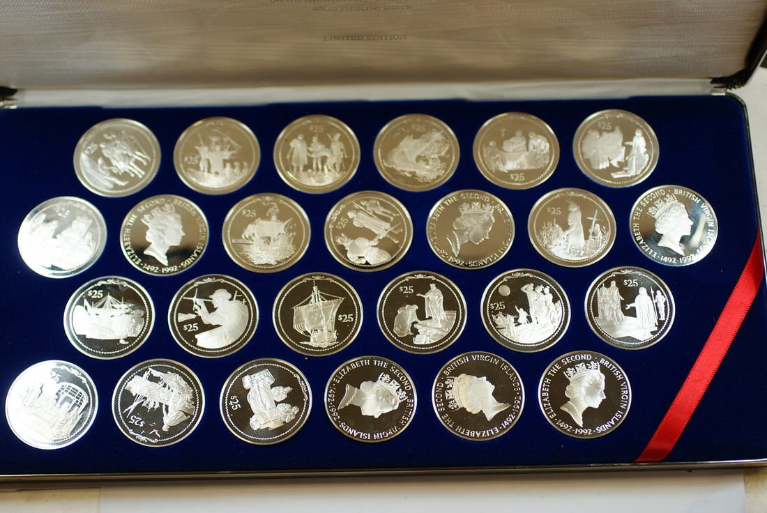 Set of 25 Silver 1992 British Virgin Islands $25 Proof Coins in Case: Set of 25 Silver 1992 British Virgin Islands $25 Proof Coins in Case This 1992 $25 British Virgin Islands 500th Anniversary Proof Coin Set features 25 uncirculated coins, each struck in .925 sterling