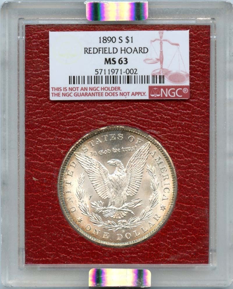 NGC MS63 1890-S Morgan Silver Dollar Redfield Collection San Francisco Mint: NGC MS63 1890-S Morgan Silver Dollar Redfield Collection San Francisco Mint This is an 1890-S Morgan Dollar from the Redfield Collection, certified by NGC with a grade of MS63. The coin is uncirculate