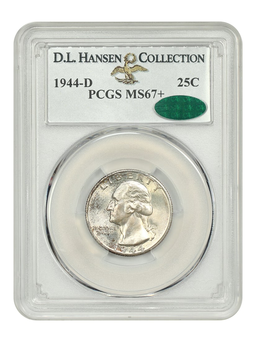 1944-D Washington Quarter MS67+ PCGS CAC D.L. Hansen Collection: 1944-D Washington Quarter MS67+ PCGS CAC D.L. Hansen Collection This stunning 1944-D Washington Quarter is certified by PCGS with a grade of MS67+, indicating its uncirculated condition and exceptiona