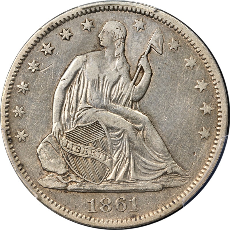 CSA Obverse 1861-O Seated Half Dollar Silver Coin PCGS XF Details: CSA Obverse 1861-O Seated Half Dollar Silver Coin PCGS XF Details This 1861-O Seated Half Dollar features the CSA Obverse and is certified by PCGS with XF Details. Struck at the New Orleans Mint, this