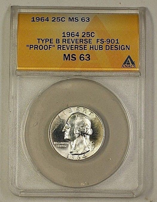 Washington Quarter Type B Reverse 1964 Silver ANACS MS-63 FS-901: Washington Quarter Type B Reverse 1964 Silver ANACS MS-63 FS-901 This is a 1964 Washington Silver Quarter featuring the Type B Reverse (FS-901) with a toned reverse. Graded MS 63 by ANACS, this uncirc