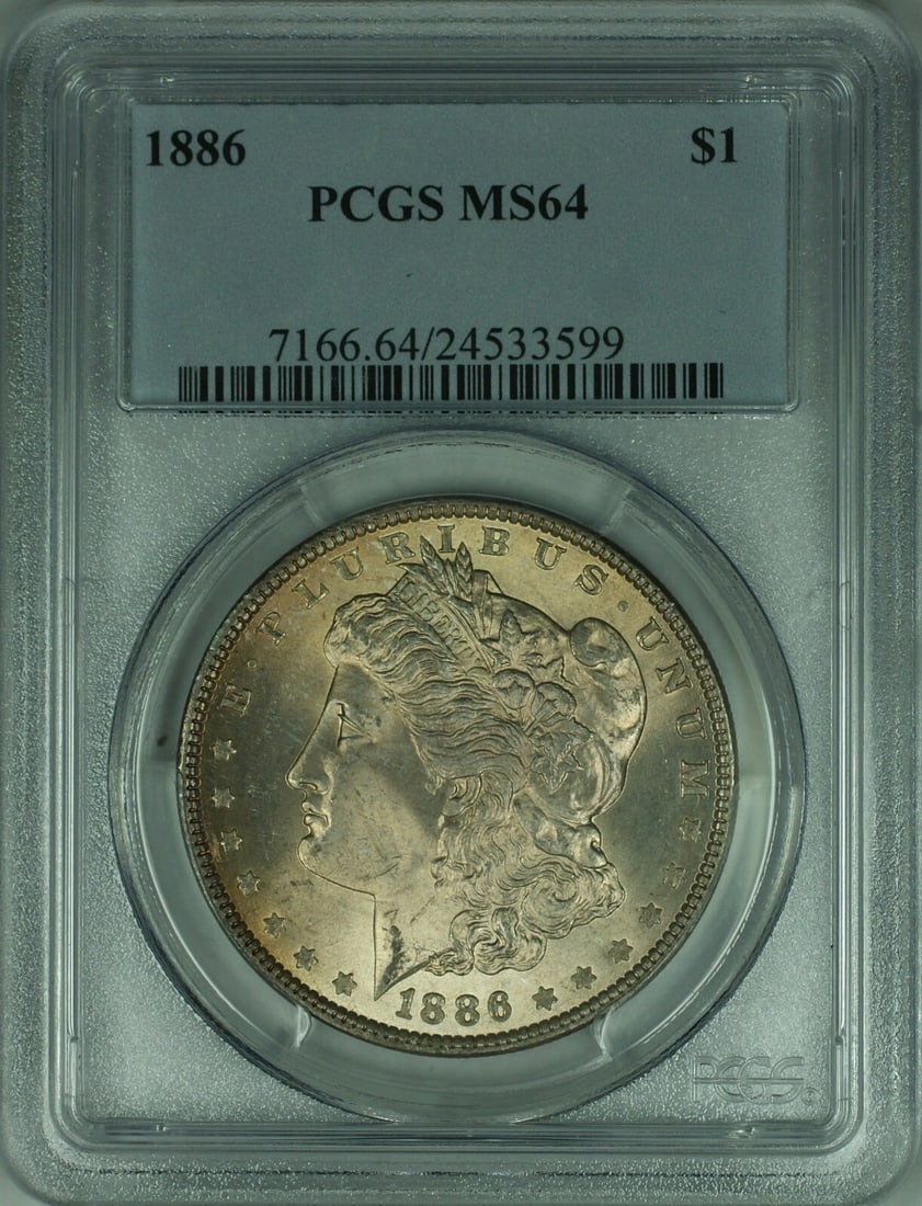 PCGS MS64 1886 Morgan Dollar Silver Toned Philadelphia $1 Coin: PCGS MS64 1886 Morgan Dollar Silver Toned Philadelphia $1 Coin This 1886 Morgan Silver Dollar is a $1 coin from the United States, certified by PCGS with a grade of MS64. The coin features attractive