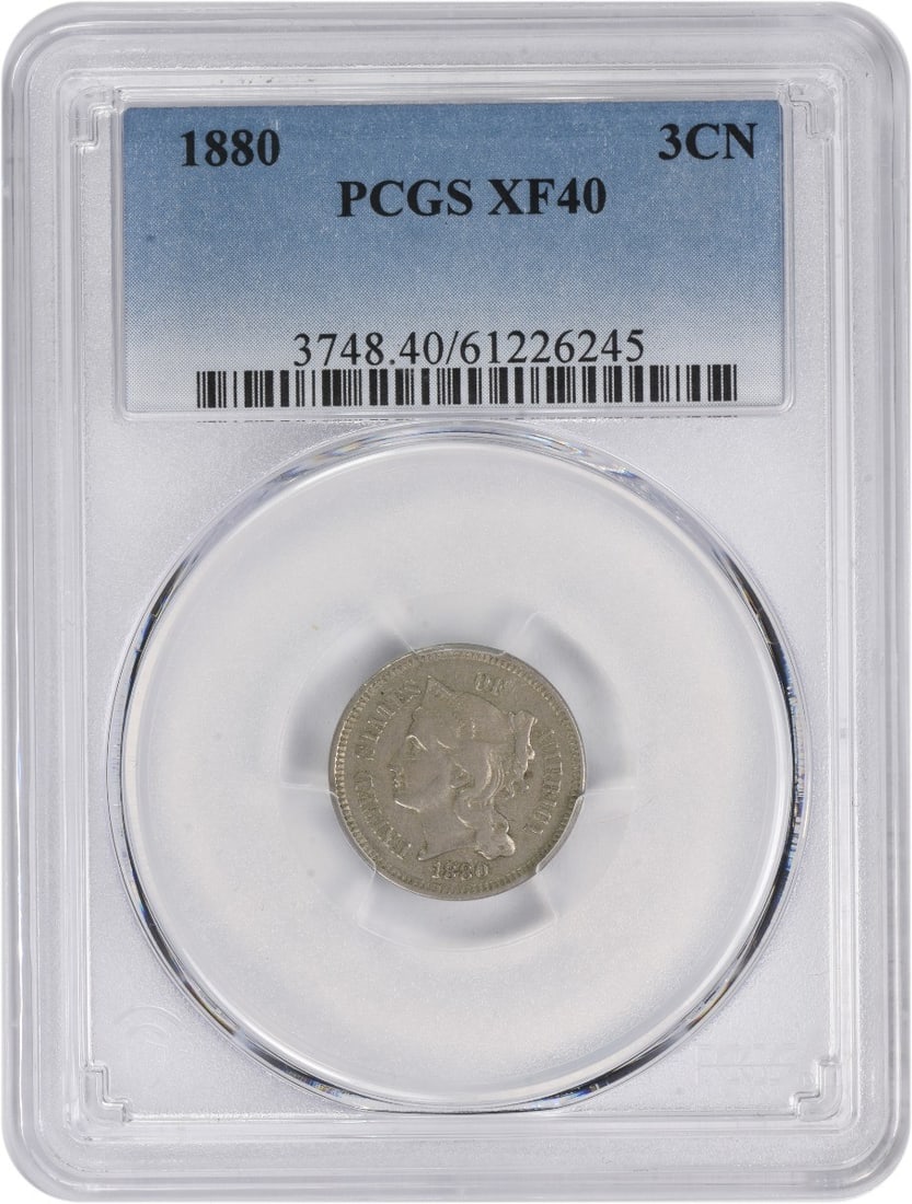 EF40 Graded 1880 Three Cent Nickel PCGS Certified Philadelphia Issue: EF40 Graded 1880 Three Cent Nickel PCGS Certified Philadelphia Issue This is an 1880 Three Cent Nickel coin from the United States, certified by PCGS with a grade of EF40. Minted in Philadelphia, this