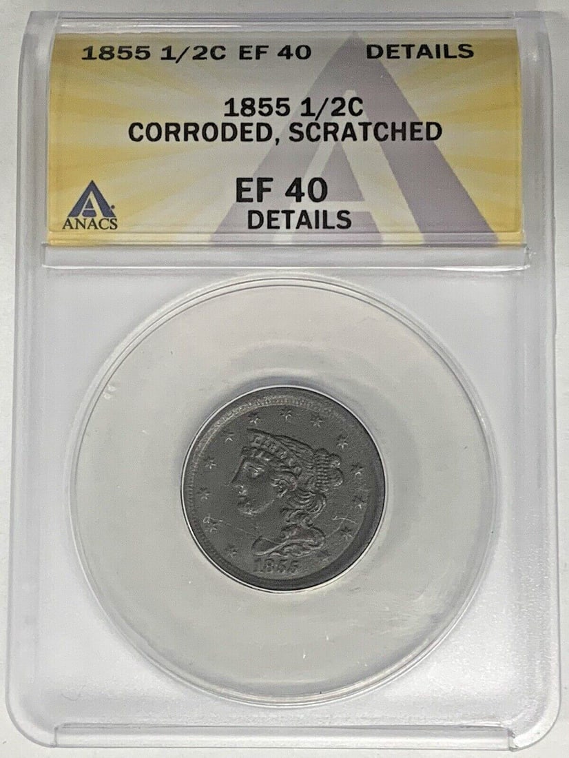 ANACS XF 40 1855 Braided Hair Half Cent United States Coin Corroded Scratched: ANACS XF 40 1855 Braided Hair Half Cent United States Coin Corroded Scratched This is an 1855 Braided Hair Half Cent coin from the United States, certified by ANACS with a grade of XF 40 Details. The