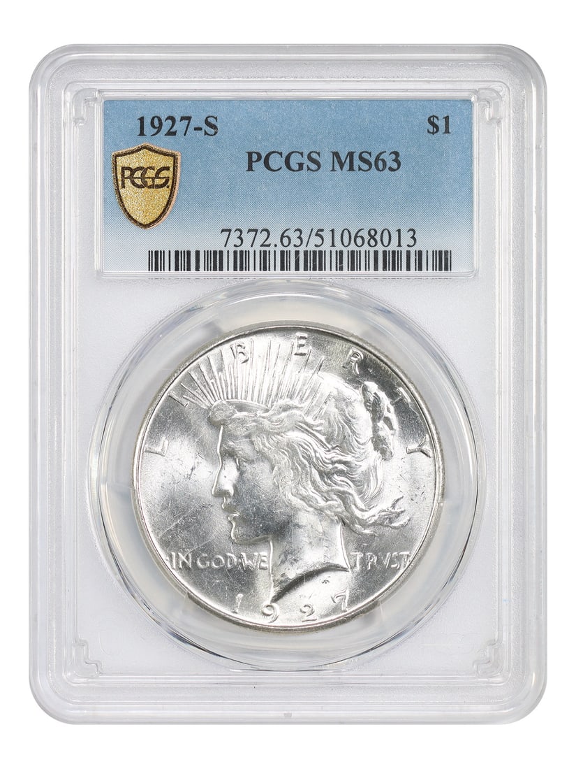 PCGS MS63 1927-S Peace Dollar San Francisco Mint Certified $1 Coin: PCGS MS63 1927-S Peace Dollar San Francisco Mint Certified $1 Coin This 1927-S Peace Dollar is certified by PCGS with a grade of MS63. Minted in San Francisco, it is an uncirculated coin from a lower