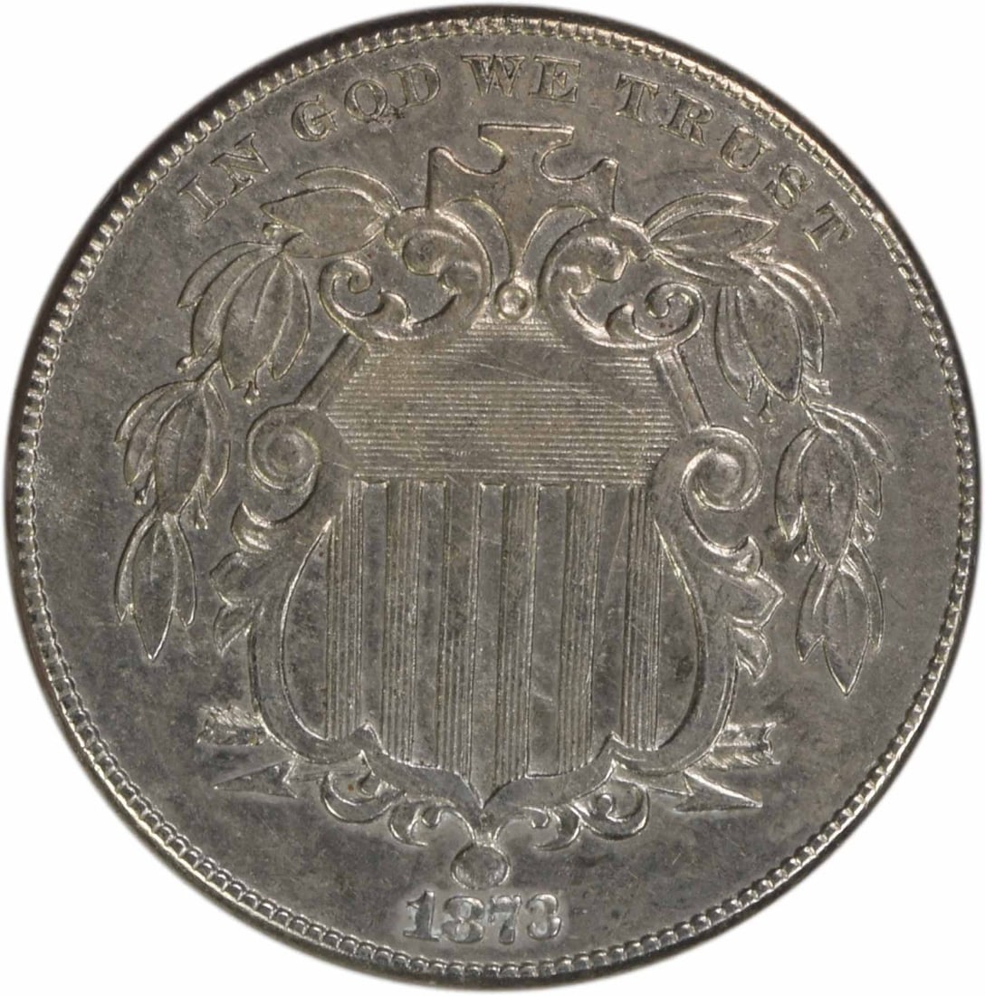 1873 United States Shield Nickel Five Cent Coin Closed 3 AU: 1873 United States Shield Nickel Five Cent Coin Closed 3 AU This is an 1873 Shield Nickel featuring the Closed 3 variety. The coin was struck at the Philadelphia Mint and is composed of 75% copper and