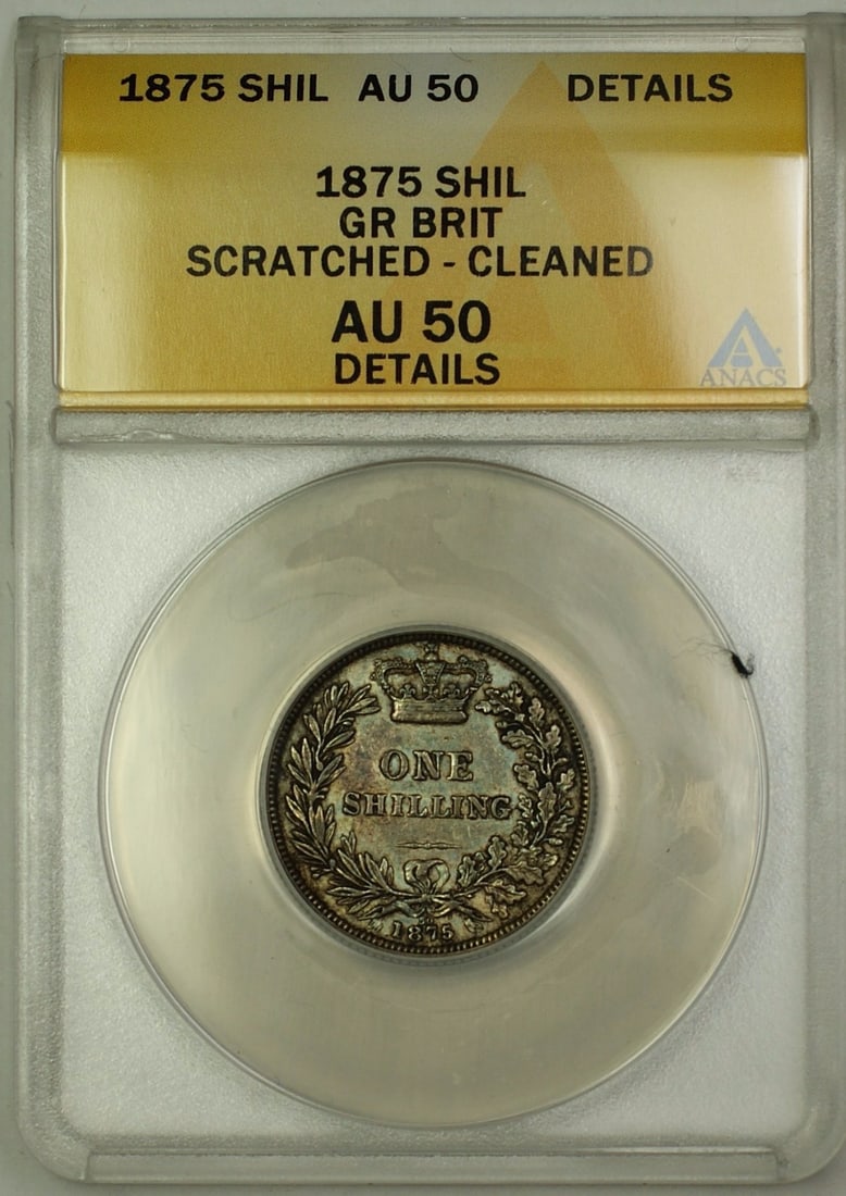 1875 United Kingdom Shilling Silver Coin ANACS AU 50 Details: 1875 United Kingdom Shilling Silver Coin ANACS AU 50 Details This is an 1875 Britain Shilling silver coin, certified by ANACS with a grade of AU-50 Details. The coin is circulated and composed of silv