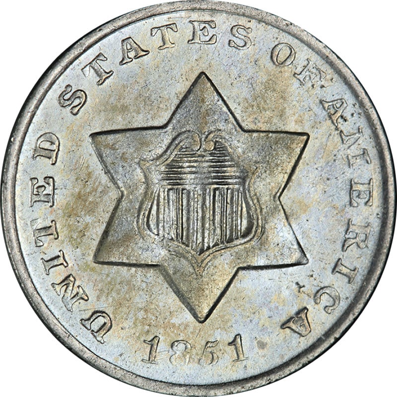 1851-O Three Cent Silver Coin Choice AU/BU New Orleans: 1851-O Three Cent Silver Coin Choice AU/BU New Orleans This 1851-O Three Cent Silver coin showcases exceptional eye appeal with a beautiful luster and a well-executed strike. It features great color a