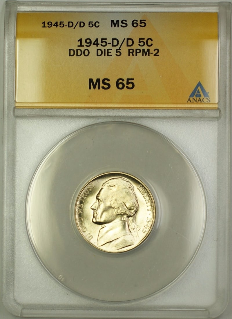 ANACS MS65 1945 Denver Wartime Silver Jefferson Nickel DDO RPM-2 Die 5: ANACS MS65 1945 Denver Wartime Silver Jefferson Nickel DDO RPM-2 Die 5 This is a 1945-D/D RPM-2 Double Die Obverse DIE 5 Wartime Silver Jefferson Nickel, graded MS-65 by ANACS. Struck at the Denver Mi
