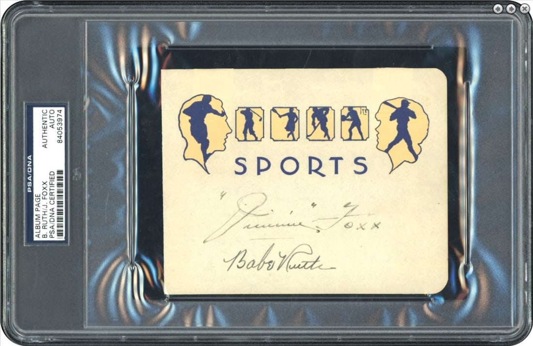 Babe Ruth Jimmie Foxx Dual-Signed Album Page PSA/DNA 184962: Babe Ruth Jimmie Foxx Dual-Signed Album Page PSA/DNA 184962 This remarkable item features a dual-signed album page by two of baseball's greatest legends: Babe Ruth and Jimmie Foxx. Encapsulated by PSA