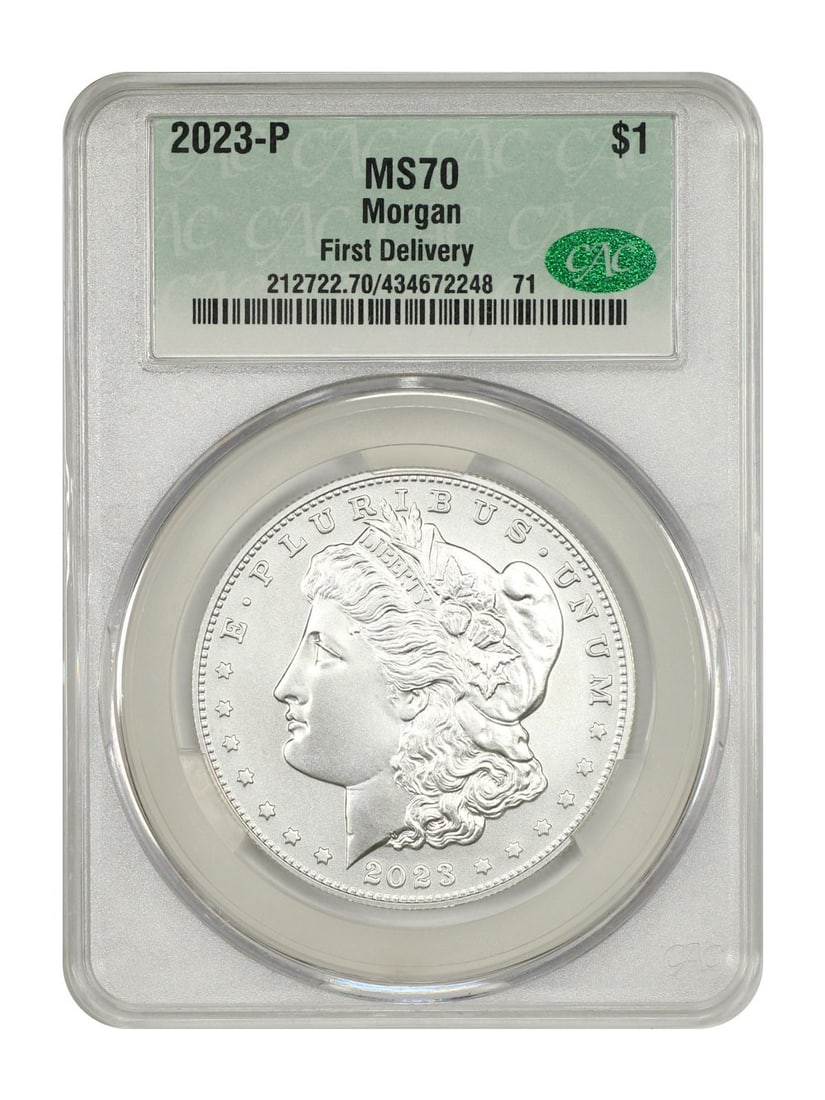 CACG MS70 2023 Philadelphia Morgan Dollar First Delivery $1 Coin: CACG MS70 2023 Philadelphia Morgan Dollar First Delivery $1 Coin This 2023-P Morgan Dollar is a commemorative coin struck at the Philadelphia Mint. Certified by CACG with a grade of MS70, it is an unc