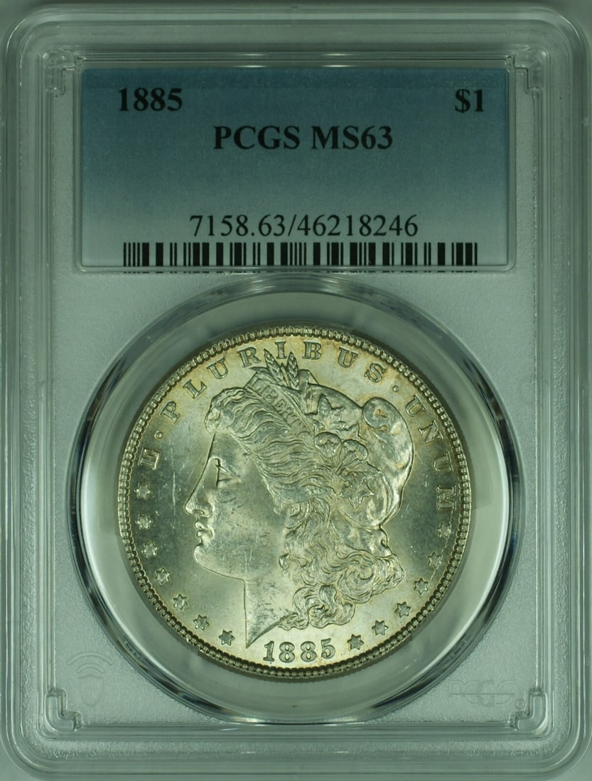 PCGS MS63 1885 Morgan Dollar Silver Coin from Philadelphia Mint: PCGS MS63 1885 Morgan Dollar Silver Coin from Philadelphia Mint This is an 1885 Morgan Silver Dollar coin from the United States, certified by PCGS with a grade of MS-63. The coin is uncirculated, com