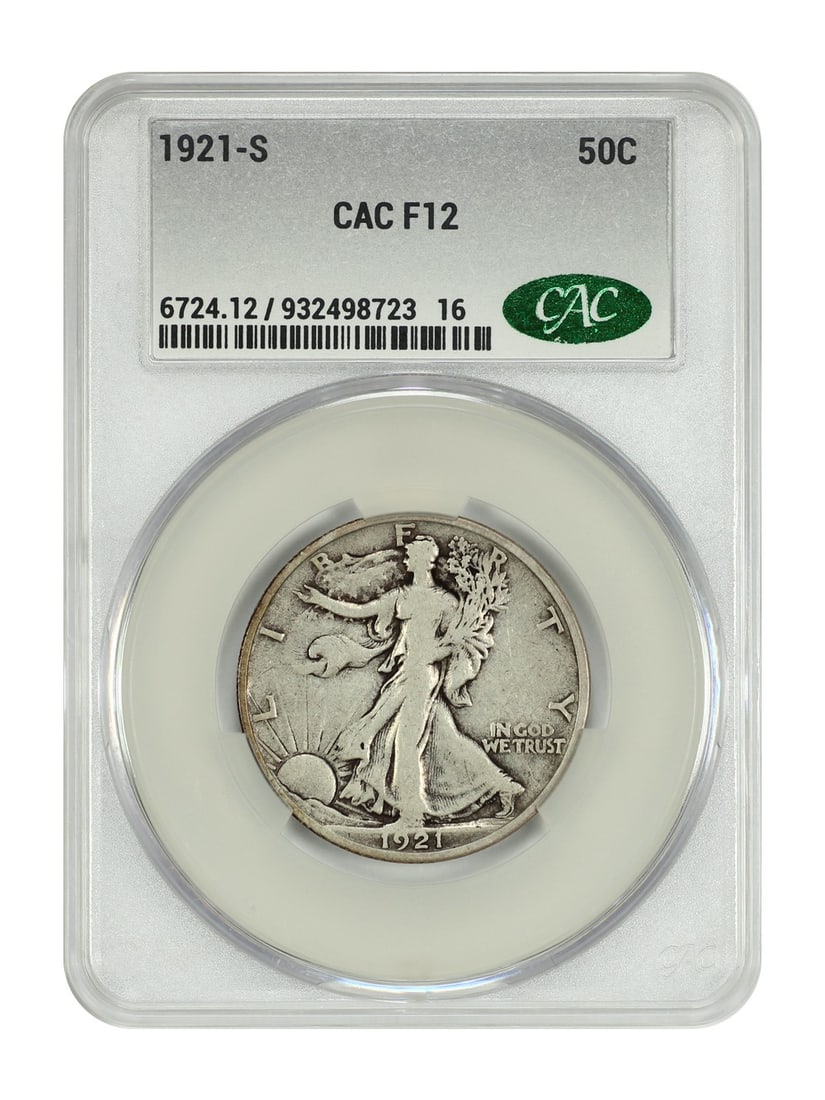 San Francisco 1921 Walking Liberty Half Dollar CACG Fine 12 Key Date: San Francisco 1921 Walking Liberty Half Dollar CACG Fine 12 Key Date This 1921-S Walking Liberty Half Dollar is a significant key date for collectors. Certified by CACG with a Fine 12 grade, this circ