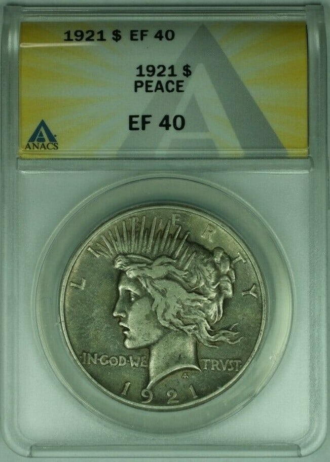 ANACS EF-40 Certified 1921 Peace Dollar Silver Coin Philadelphia Mint: ANACS EF-40 Certified 1921 Peace Dollar Silver Coin Philadelphia Mint This 1921 Peace Silver Dollar is certified by ANACS with a grade of EF-40. Minted in Philadelphia, it is composed of 90% silver an