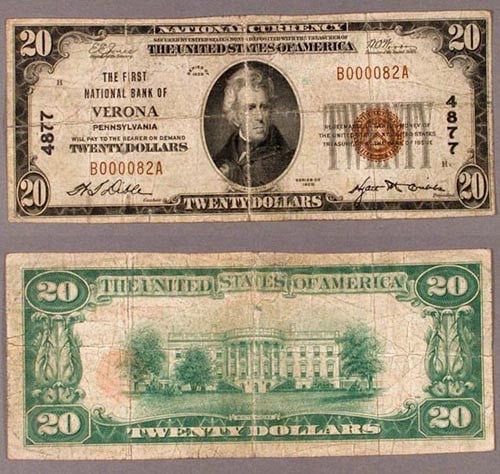 1929 T-1 $20 National Bank Note Verona Pennsylvania CH # 4877: 1929 T-1 $20 National Bank Note Verona Pennsylvania CH # 4877 This is a 1929 T-1 $20 National Bank Note from Verona, Pennsylvania. It is graded as Good+ and classified as a pre-owned item. This histor