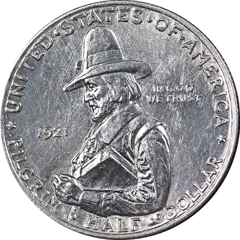 1921 Pilgrim Commemorative Half Dollar Choice BU Silver Coin: 1921 Pilgrim Commemorative Half Dollar Choice BU Silver Coin This 1921 Pilgrim Commemorative Half Dollar showcases superb eye appeal with its fantastic luster and strong strike. The coin is blast whit