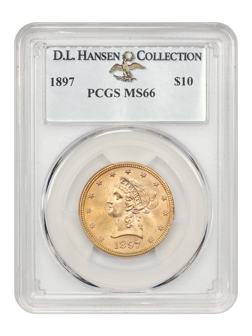 1897 $10 Liberty Head Gold Coin PCGS MS66 D.L. Hansen: 1897 $10 Liberty Head Gold Coin PCGS MS66 D.L. Hansen This 1897 $10 Liberty Head gold coin, certified by PCGS with a grade of MS66, is a remarkable specimen from a mintage of just over 1 million coins