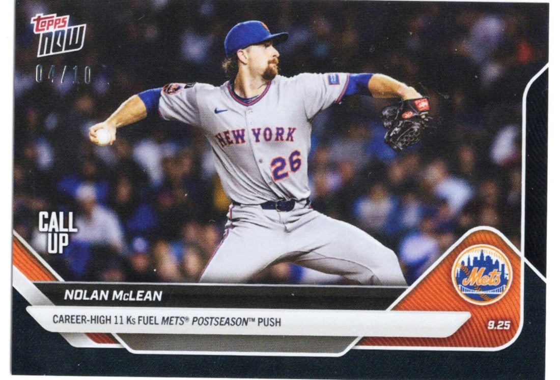 2025 Topps Now Nolan McLean #771 Black Foil /10 Rookie Card Authentic: 2025 Topps Now Nolan McLean #771 Black Foil /10 Rookie Card Authentic Introducing the 2025 Topps Now Nolan McLean #771 Black Foil /10 Rookie RC Card, a must-have for any New York Mets fan and card col