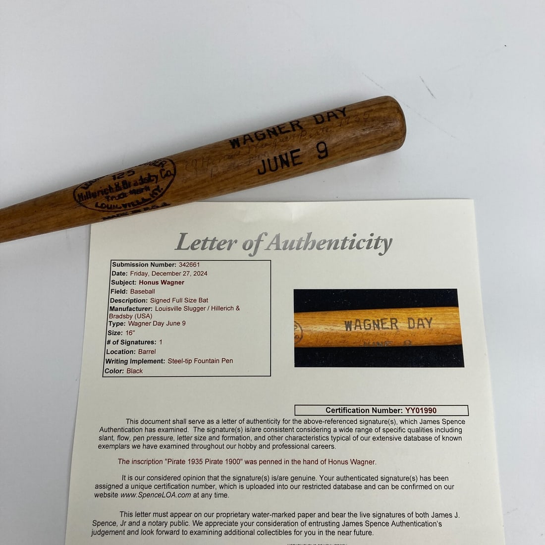 Honus Wagner Signed Mini Bat Wagner Day June 9 JSA COA: Honus Wagner Signed Mini Bat Wagner Day June 9 JSA COA This rare mini baseball bat commemorates "Wagner Day" and is signed by the legendary Hall of Famer Honus Wagner. Measuring 16 inches in length, t