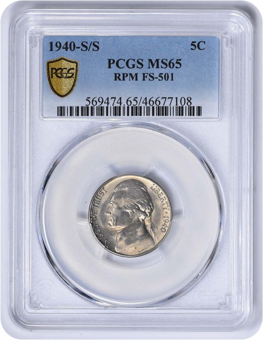 1940-S/S Jefferson Nickel MS65 PCGS Certified 5C Coin: 1940-S/S Jefferson Nickel MS65 PCGS Certified 5C Coin This 1940-S/S Jefferson Nickel is a remarkable piece certified by PCGS with a grade of MS65, indicating its uncirculated condition. The coin featu
