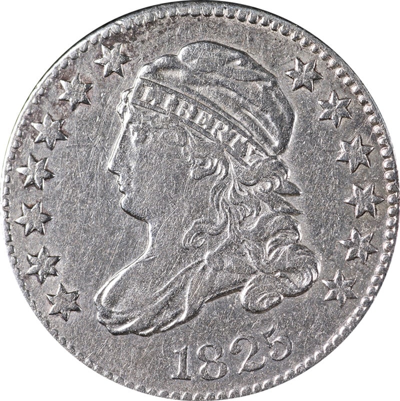 1825 Bust Dime Silver Nice XF/AU Great Eye Appeal: 1825 Bust Dime Silver Nice XF/AU Great Eye Appeal This 1825 Bust Dime showcases a striking design with excellent eye appeal, graded as Nice XF/AU. The coin features a bright white finish, making it a