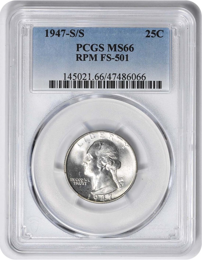 PCGS MS66 1947-S/S Washington Quarter RPM FS-501 Silver Coin: PCGS MS66 1947-S/S Washington Quarter RPM FS-501 Silver Coin This is a 1947-S/S Washington Quarter featuring the RPM FS-501 variety, graded MS66 by PCGS. Struck at the San Francisco Mint, this uncircu