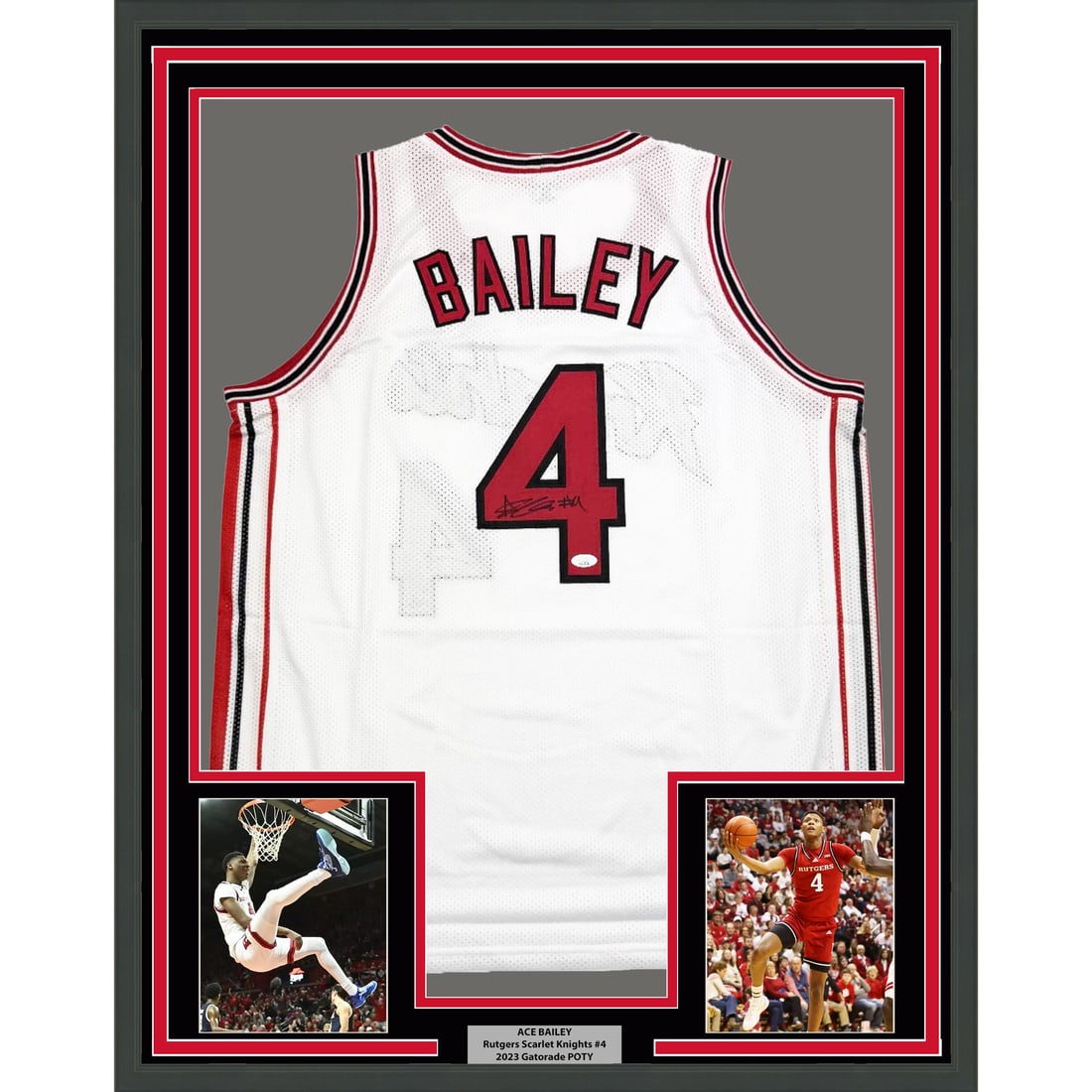 Framed Ace Bailey Autographed Rutgers Jersey with JSA COA: Framed Ace Bailey Autographed Rutgers Jersey with JSA COA Showcase your pride for the Rutgers Scarlet Knights with this framed, autographed Ace Bailey college jersey. Measuring 35x39 inches, this prof
