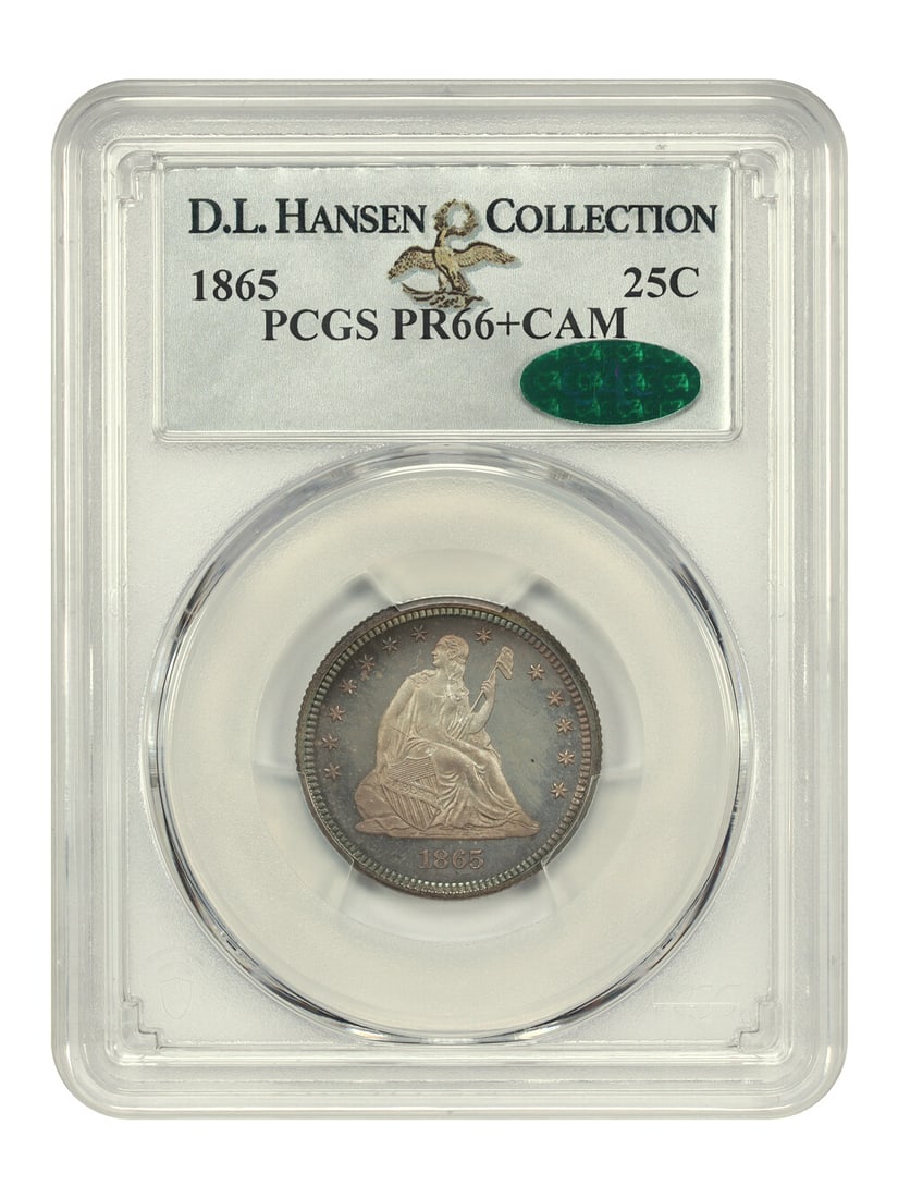 1865 Liberty Seated Quarter PR66+CAM PCGS CAC D.L. Hansen: 1865 Liberty Seated Quarter PR66+CAM PCGS CAC D.L. Hansen This exquisite 1865 Liberty Seated Quarter, certified by PCGS with a grade of PR66+CAM, is a remarkable addition to any collection. Struck in