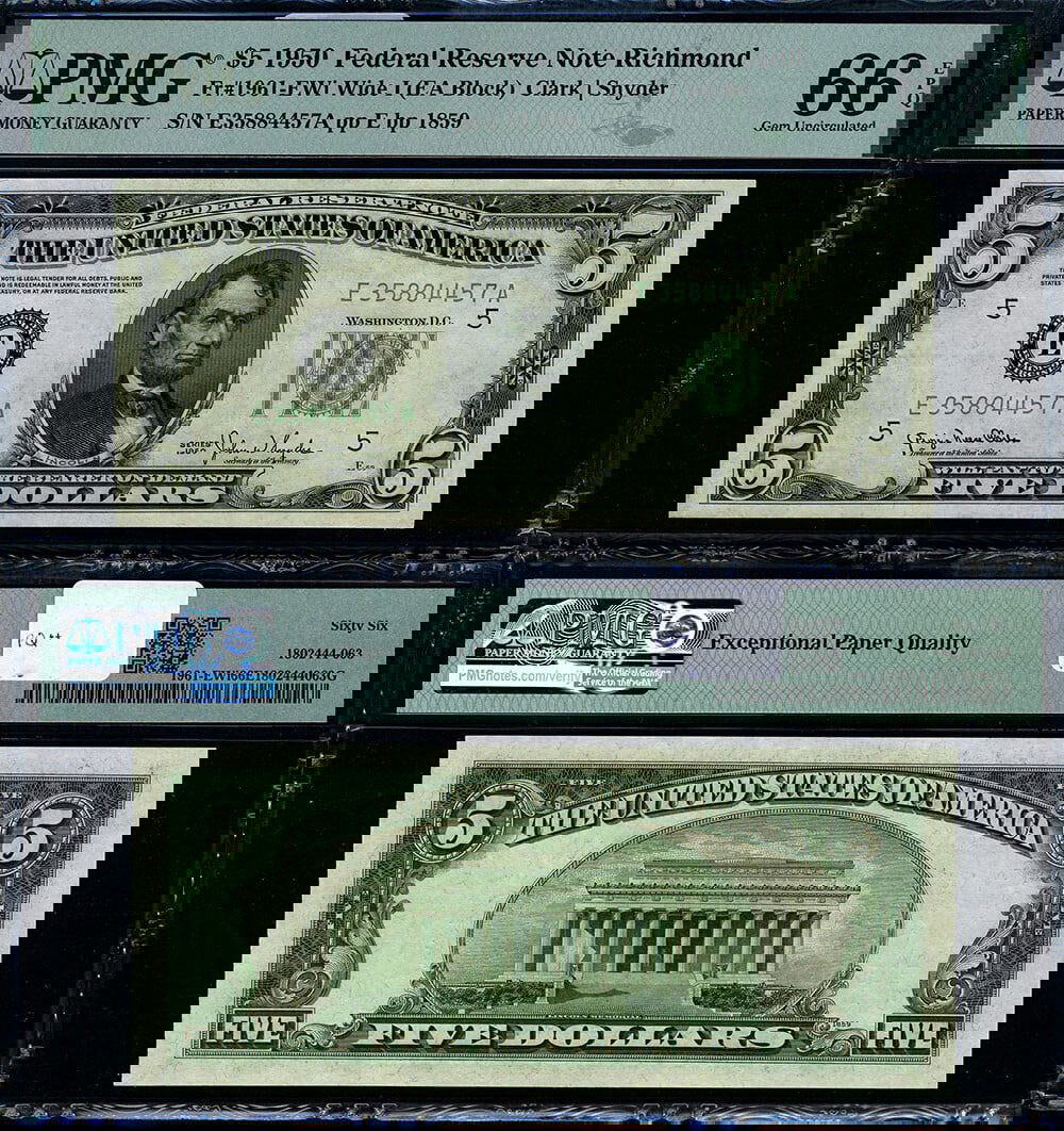 1950 $5 Federal Reserve Note Richmond E-A Block PMG Gem CU66 EPQ: 1950 $5 Federal Reserve Note Richmond E-A Block PMG Gem CU66 EPQ This stunning 1950 Federal Reserve Note features a denomination of $5, specifically the Richmond E-A Block. Graded as Gem CU66 EPQ by P
