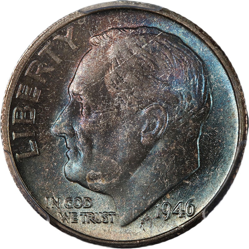 1946-S Roosevelt Dime PCGS MS67 FB Blue Purple Toning: 1946-S Roosevelt Dime PCGS MS67 FB Blue Purple Toning This stunning 1946-S Roosevelt Dime showcases superb eye appeal, exhibiting exceptional luster and a strong strike. The coin features gorgeous blu