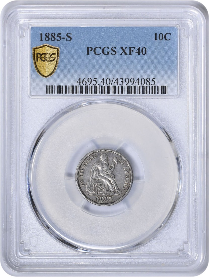 1885-S Liberty Seated Silver Dime Certified PCGS EF40: 1885-S Liberty Seated Silver Dime Certified PCGS EF40 This 1885-S Liberty Seated Silver Dime is a remarkable piece of American numismatic history. Struck in San Francisco, this coin features the iconi