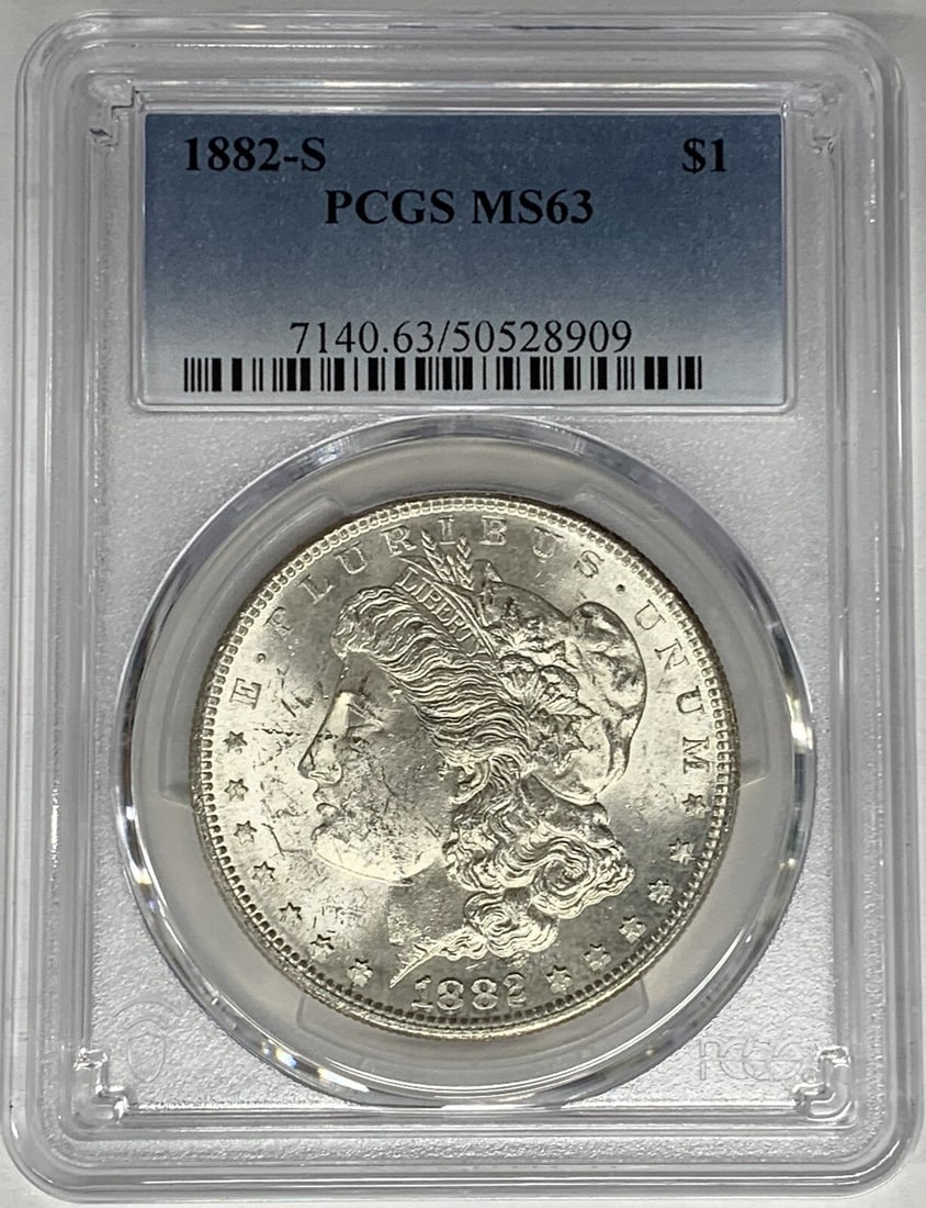 PCGS MS 63 1882-S Morgan Silver Dollar Certified Uncirculated: PCGS MS 63 1882-S Morgan Silver Dollar Certified Uncirculated This 1882-S Morgan Silver Dollar is certified by PCGS with a grade of MS 63 and is in uncirculated condition. Struck in the United States,