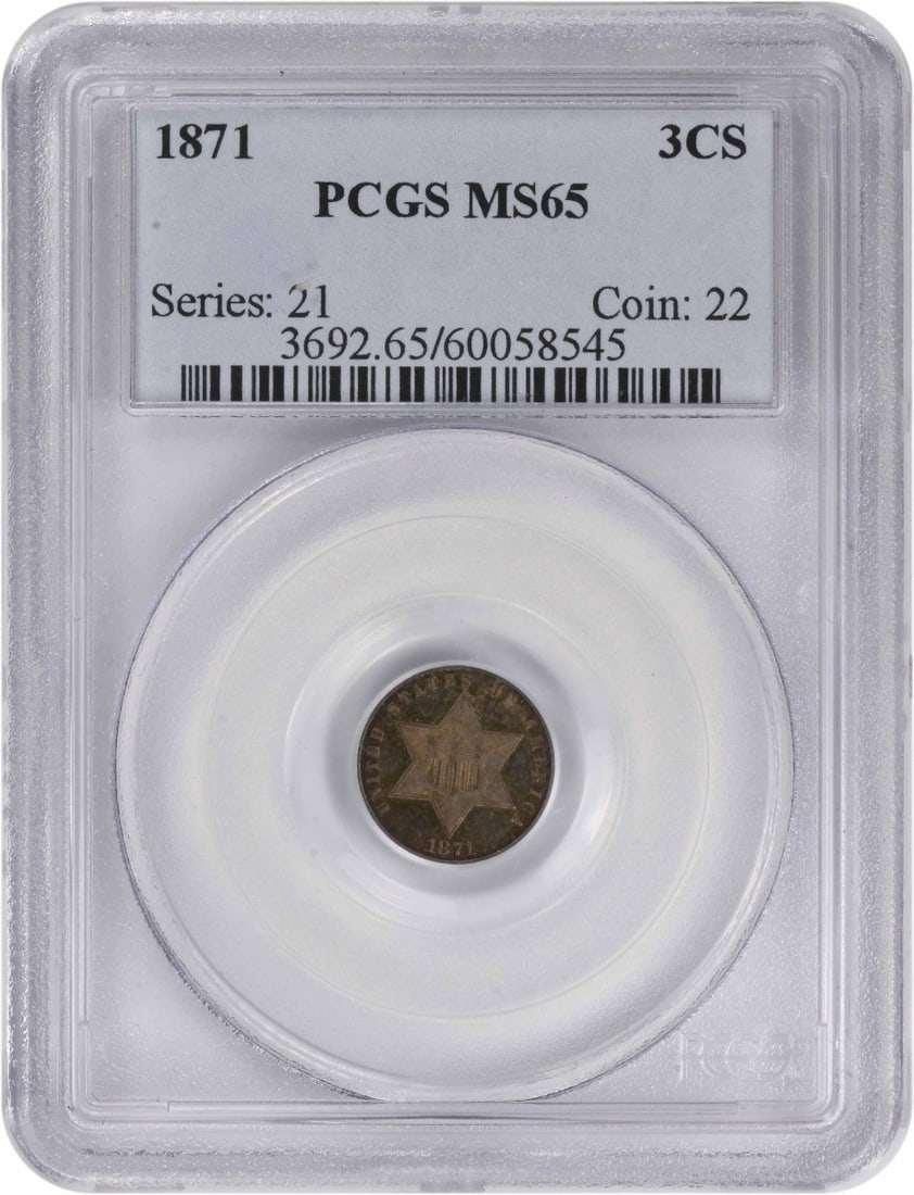 PCGS MS65 1871 United States Three Cent Silver Coin: PCGS MS65 1871 United States Three Cent Silver Coin This 1871 Three Cent Silver coin from the United States is graded MS65 by PCGS, indicating its high quality and uncirculated condition. Struck at th