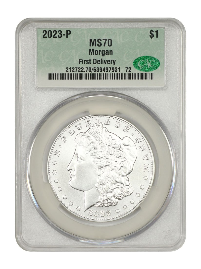 Morgan Silver Dollar 2023 Philadelphia CACG MS70 First Delivery: Morgan Silver Dollar 2023 Philadelphia CACG MS70 First Delivery This is a 2023-P Morgan Dollar, certified by CACG with a grade of MS70, indicating it is in un-used, flawless condition. The coin is unc