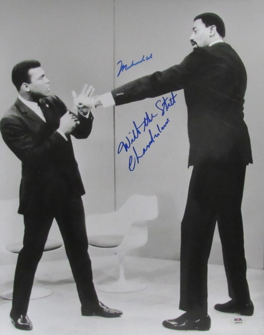 Muhammad Ali Wilt Chamberlain Dual-Signed 16x20 Photo PSA 9.0: Muhammad Ali Wilt Chamberlain Dual-Signed 16x20 Photo PSA 9.0 This stunning autographed 16"x20" photograph features the legendary Muhammad Ali and Wilt Chamberlain. Both icons have signed the black an