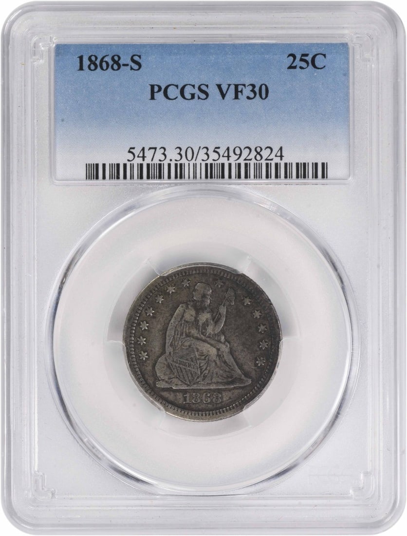 1868-S Liberty Seated Quarter VF30 PCGS Certified Silver Coin: 1868-S Liberty Seated Quarter VF30 PCGS Certified Silver Coin This 1868-S Liberty Seated Silver Quarter is a remarkable piece with a VF30 grade certified by PCGS. Minted in San Francisco, this coin fe