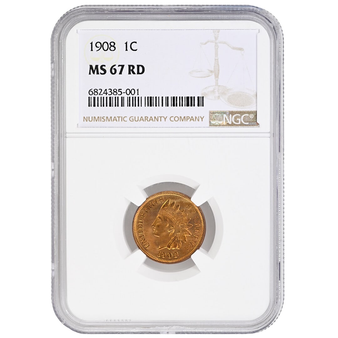 NGC MS67RD 1908 Indian Head Cent Copper Superb Gem: NGC MS67RD 1908 Indian Head Cent Copper Superb Gem This 1908 Indian Cent is a rare, uncirculated U.S. coin graded MS67RD by NGC. Struck at the Philadelphia Mint, it features a superbly preserved, sati
