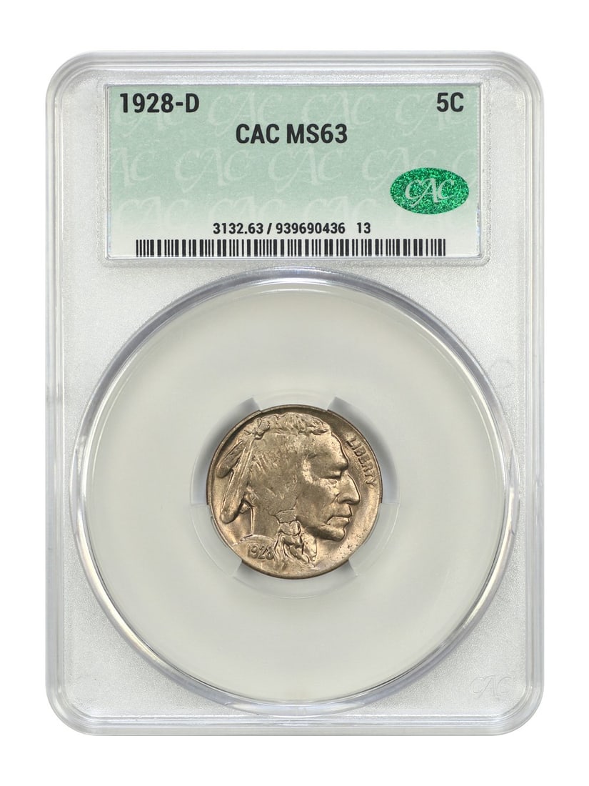 1928-D Buffalo Nickel CACG MS63 Uncirculated 5C: 1928-D Buffalo Nickel CACG MS63 Uncirculated 5C This 1928-D Buffalo Nickel is certified by CACG with a certification number of 939690436, indicating its quality and authenticity. It is graded MS63, re